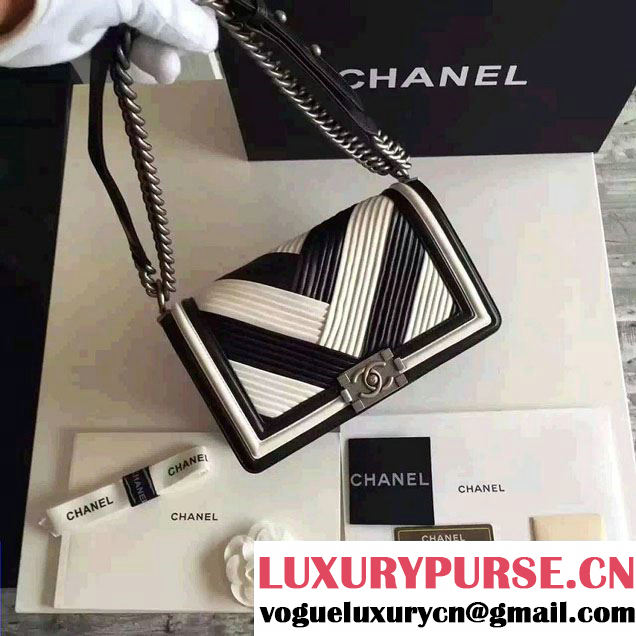 Chanel Pleated Calfskin Boy Flap Shoulder Medium Bag Black/White 2016