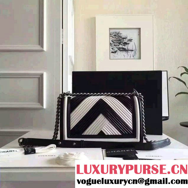 Chanel Pleated Calfskin Boy Flap Shoulder Medium Bag Black/White 2016