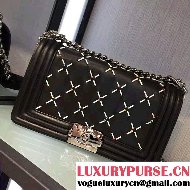 Chanel Studded Large Stitch Boy Flap Shoulder Bag Black 2016