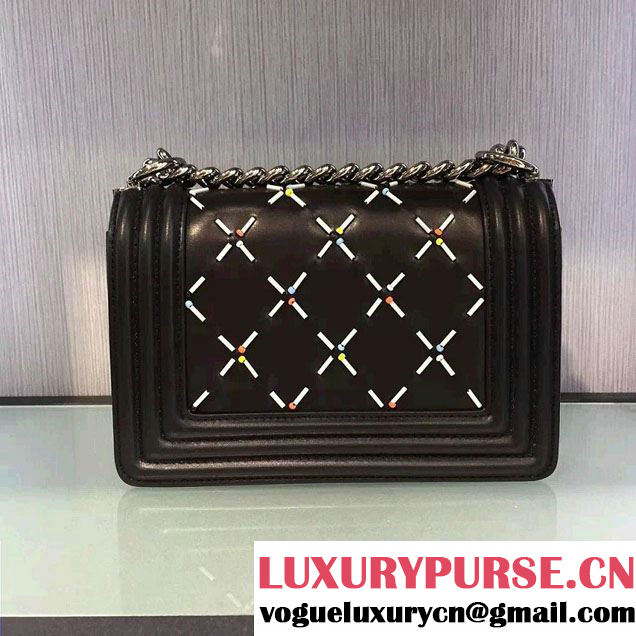 Chanel Studded Large Stitch Boy Flap Shoulder Bag Black 2016
