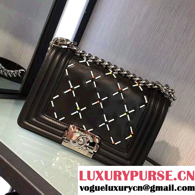 Chanel Studded Large Stitch Boy Flap Shoulder Bag Black 2016