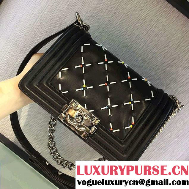 Chanel Studded Large Stitch Boy Flap Shoulder Bag Black 2016