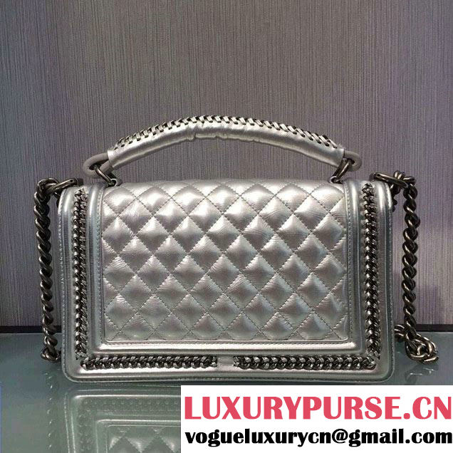 Chanel Chain Top Handle Boy Flap Medium Bag A94804 Silver Gray 2016