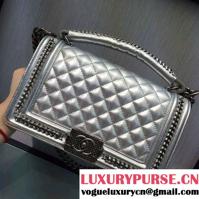 Chanel Chain Top Handle Boy Flap Medium Bag A94804 Silver Gray 2016