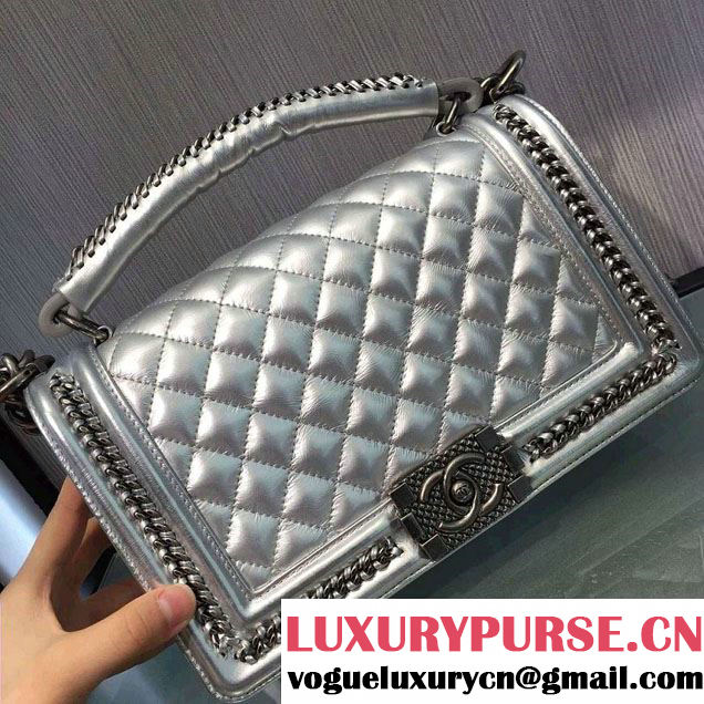 Chanel Chain Top Handle Boy Flap Medium Bag A94804 Silver Gray 2016