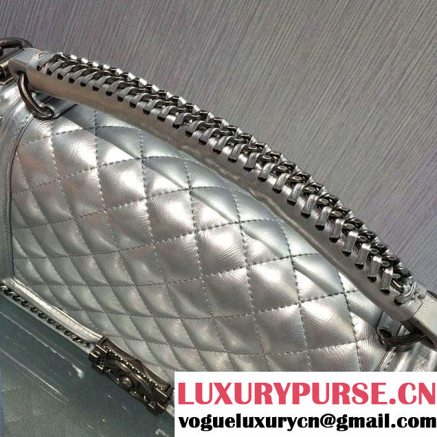 Chanel Chain Top Handle Boy Flap Medium Bag A94804 Silver Gray 2016