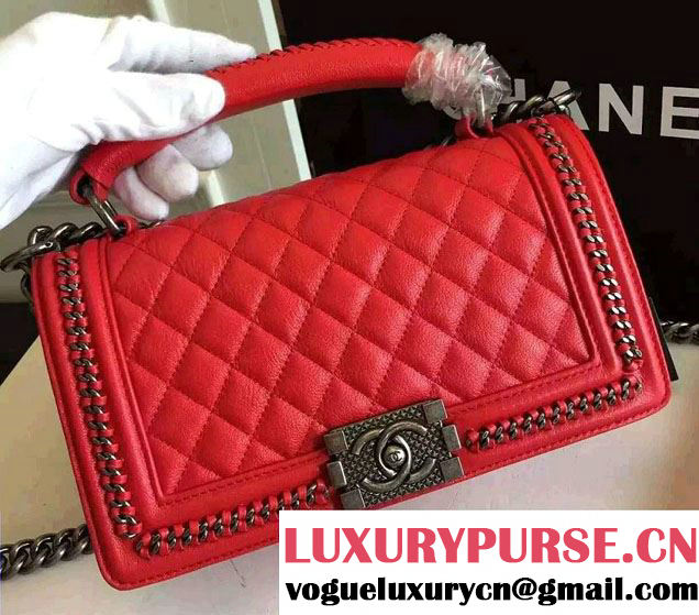 Chanel Chain Top Handle Boy Flap Medium Bag A94804 Red 2016