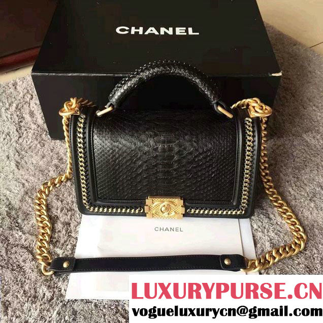 Chanel Python Chain Top Handle medium Boy Flap Bag A94804 Black with GHW