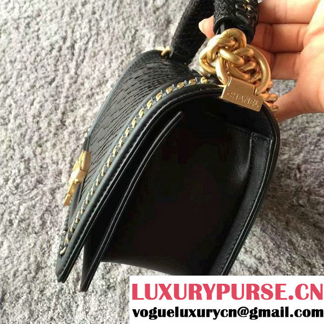 Chanel Python Chain Top Handle medium Boy Flap Bag A94804 Black with GHW