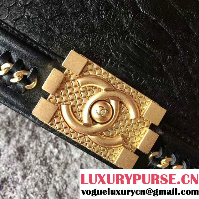 Chanel Python Chain Top Handle medium Boy Flap Bag A94804 Black with GHW