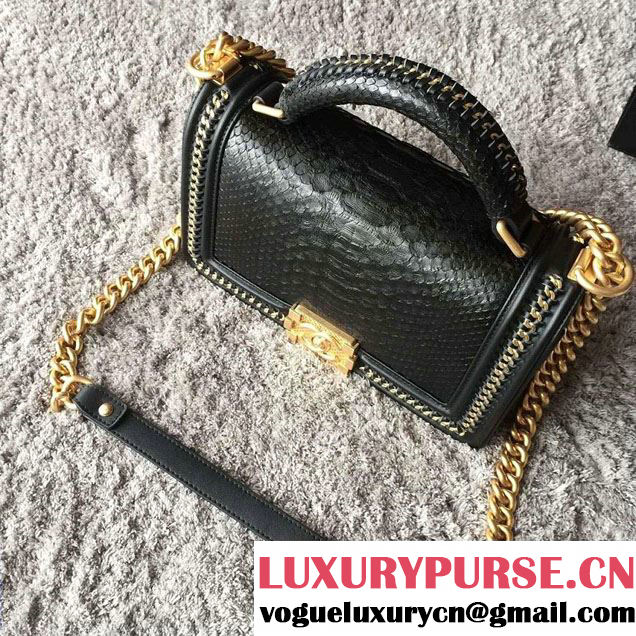Chanel Python Chain Top Handle medium Boy Flap Bag A94804 Black with GHW
