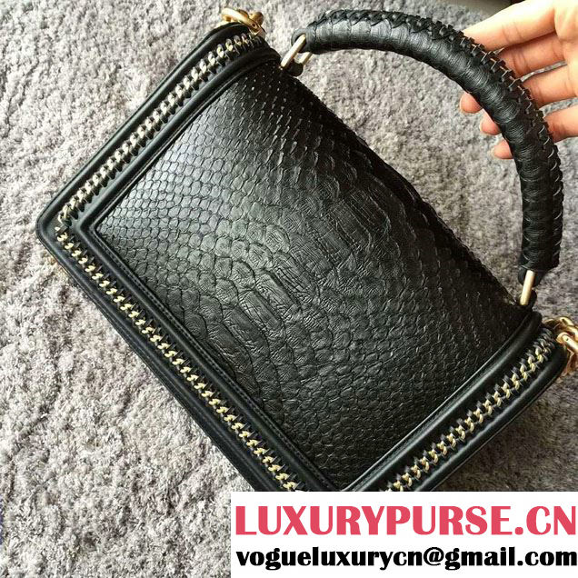 Chanel Python Chain Top Handle new medium Boy Flap Bag A94804 Black with GHW