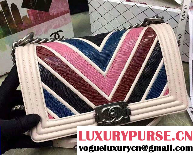 Chanel Large Stitch Chevron Lizard Pattern Calfskin Boy Flap Medium Bag Nude Pink/Multicolor 2016