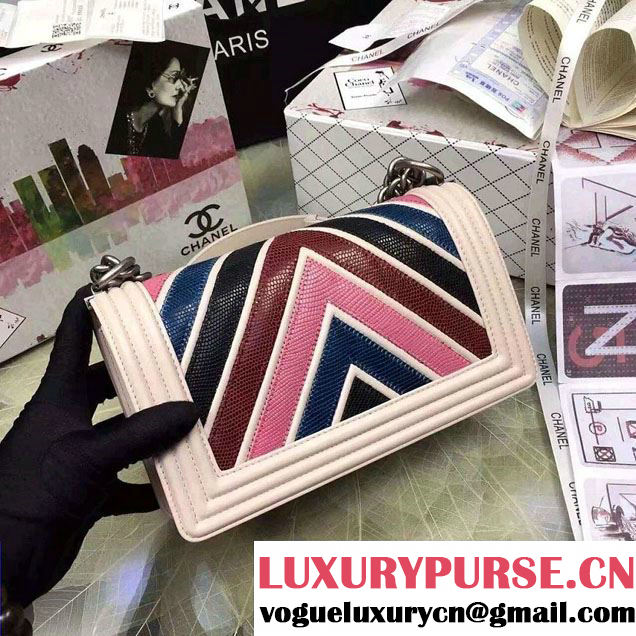 Chanel Large Stitch Chevron Lizard Pattern Calfskin Boy Flap Medium Bag Nude Pink/Multicolor 2016