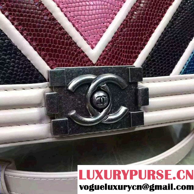 Chanel Large Stitch Chevron Lizard Pattern Calfskin Boy Flap Medium Bag Nude Pink/Multicolor 2016