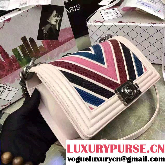 Chanel Large Stitch Chevron Lizard Pattern Calfskin Boy Flap Medium Bag Nude Pink/Multicolor 2016