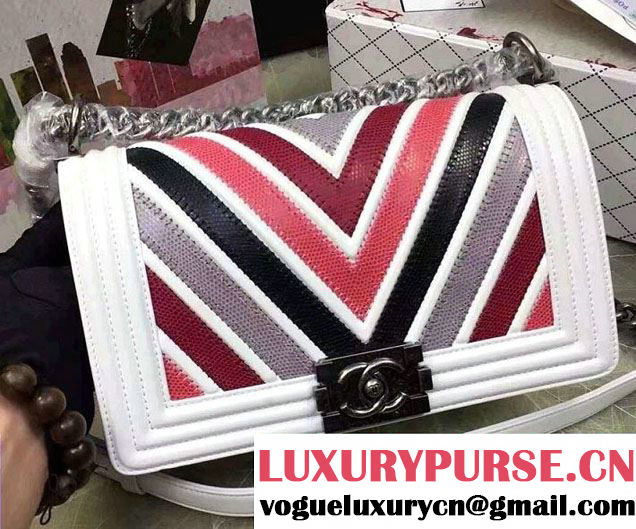 Chanel Large Stitch Chevron Lizard Pattern Calfskin Boy Flap Medium Bag White/Multicolor 2016