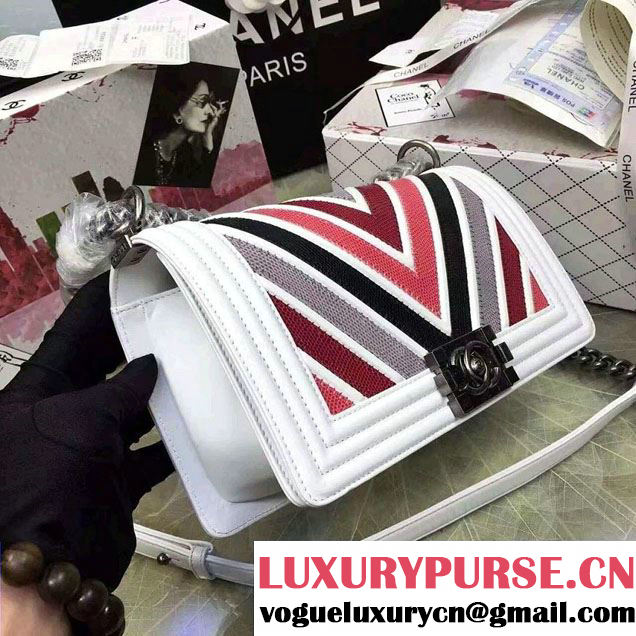 Chanel Large Stitch Chevron Lizard Pattern Calfskin Boy Flap Medium Bag White/Multicolor 2016