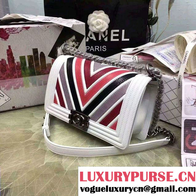 Chanel Large Stitch Chevron Lizard Pattern Calfskin Boy Flap Medium Bag White/Multicolor 2016