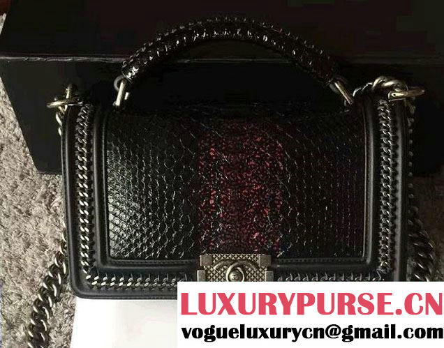 Chanel Python Chain Top Handle Boy Flap Medium Bag A94804 Black/Red 2016