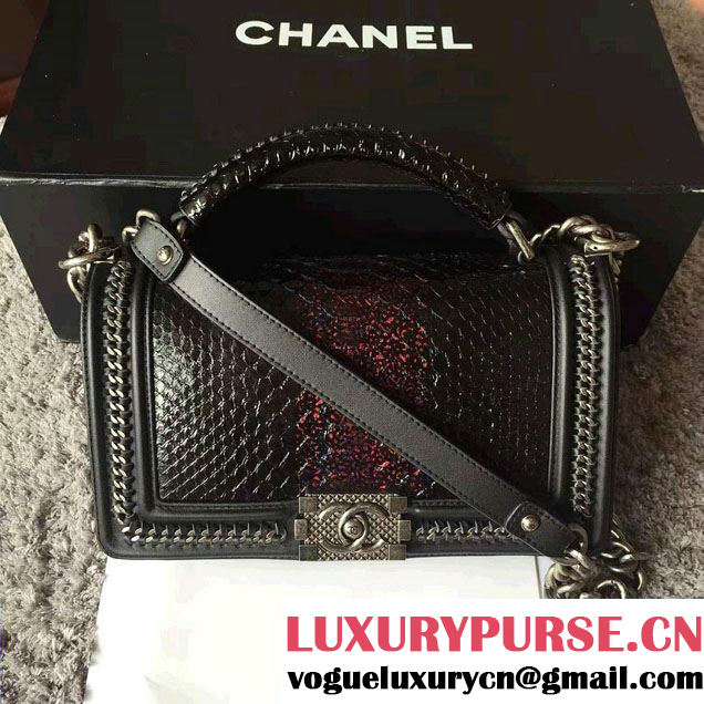 Chanel Python Chain Top Handle Boy Flap Medium Bag A94804 Black/Red 2016
