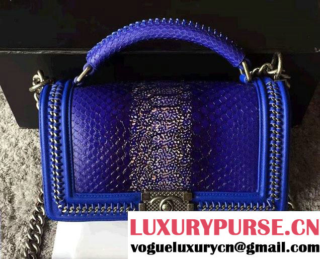 Chanel Python Chain Top Handle Boy Flap Medium Bag A94804 Blue 2016