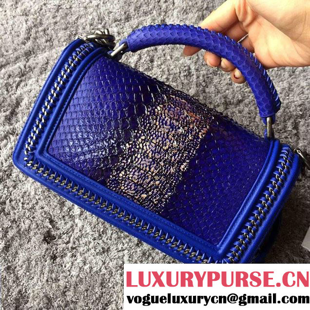 Chanel Python Chain Top Handle Boy Flap Medium Bag A94804 Blue 2016