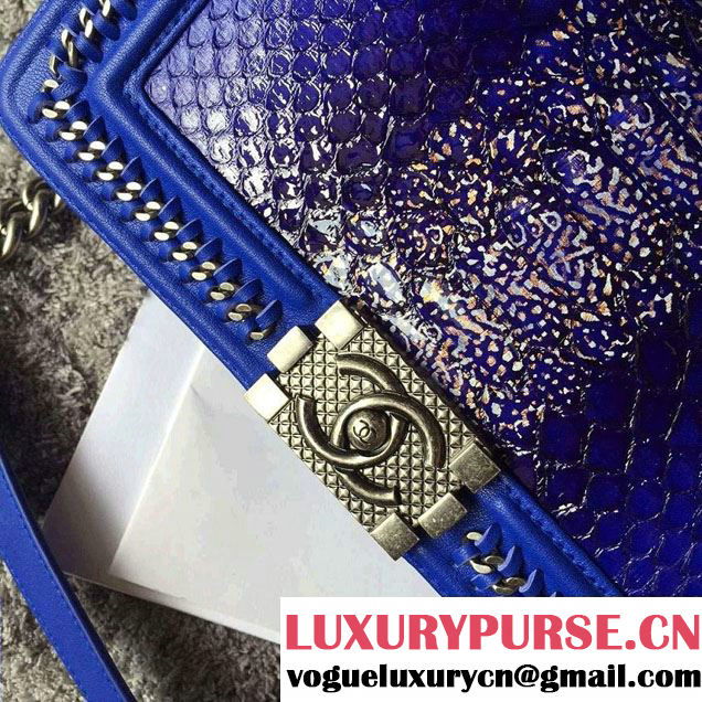 Chanel Python Chain Top Handle Boy Flap Medium Bag A94804 Blue 2016