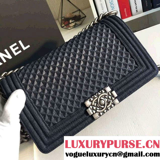 Chanel Washed Denim Boy Flap Shoulder Bag Black/Silver 2016