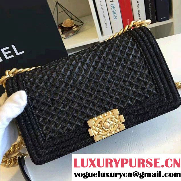 Chanel Washed Denim Boy Flap Shoulder Bag Black/Gold 2016