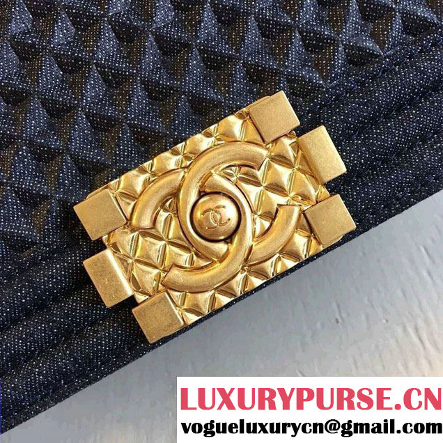 Chanel Washed Denim Boy Flap Shoulder Bag Dark Blue/Gold 2016