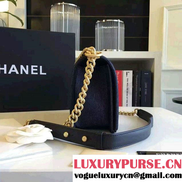 Chanel Washed Denim Boy Flap Shoulder Bag Dark Blue/Gold 2016