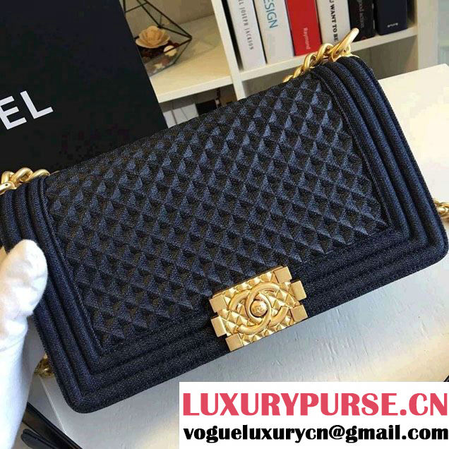 Chanel Washed Denim Boy Flap Shoulder Bag Dark Blue/Gold 2016