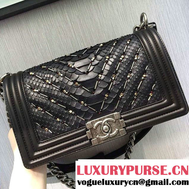 Chanel Chevron Embellished Python Boy Flap Medium Bag Black 2016