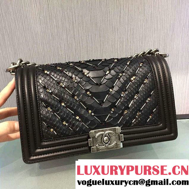 Chanel Chevron Embellished Python Boy Flap Medium Bag Black 2016