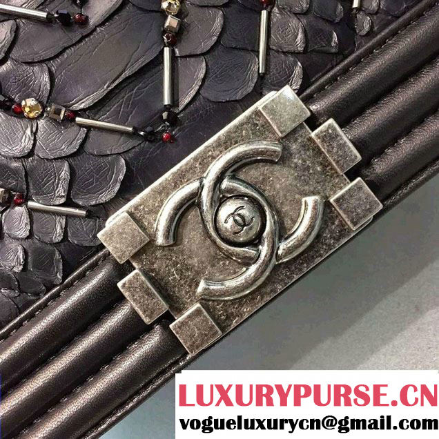 Chanel Chevron Embellished Python Boy Flap Medium Bag Black 2016