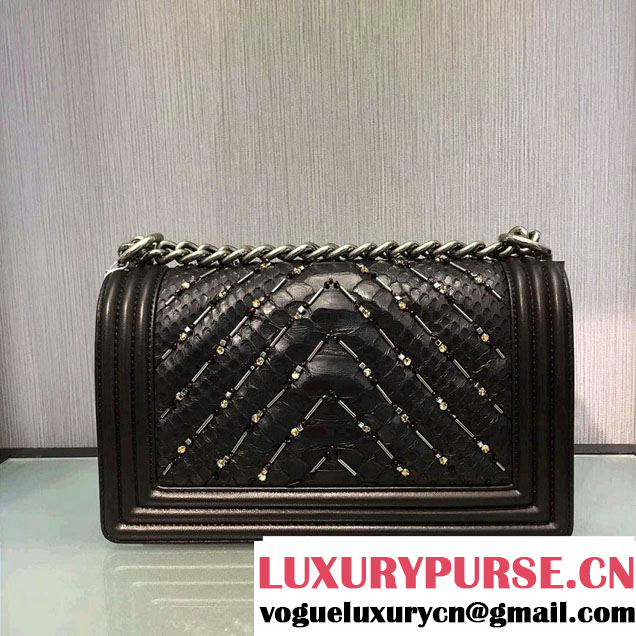 Chanel Chevron Embellished Python Boy Flap Medium Bag Black 2016