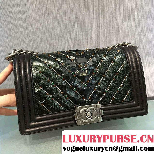Chanel Chevron Embellished Python Boy Flap Medium Bag Black/Green 2016
