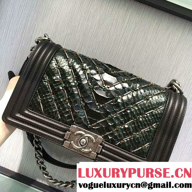 Chanel Chevron Embellished Python Boy Flap Medium Bag Black/Green 2016
