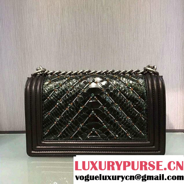 Chanel Chevron Embellished Python Boy Flap Medium Bag Black/Green 2016