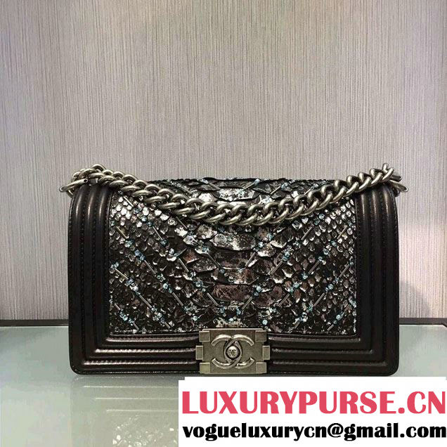 Chanel Chevron Embellished Python Boy Flap Medium Bag Black/Silver 2016