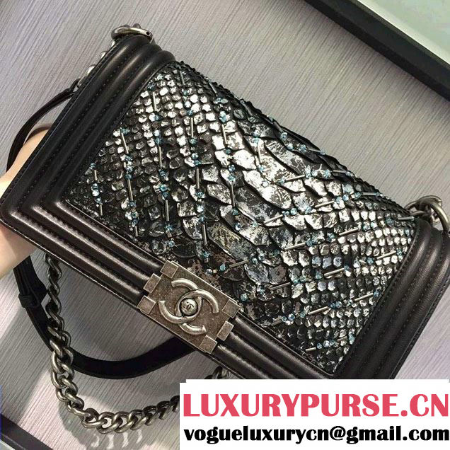 Chanel Chevron Embellished Python Boy Flap Medium Bag Black/Silver 2016