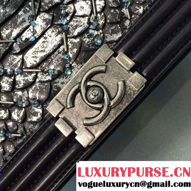 Chanel Chevron Embellished Python Boy Flap Medium Bag Black/Silver 2016