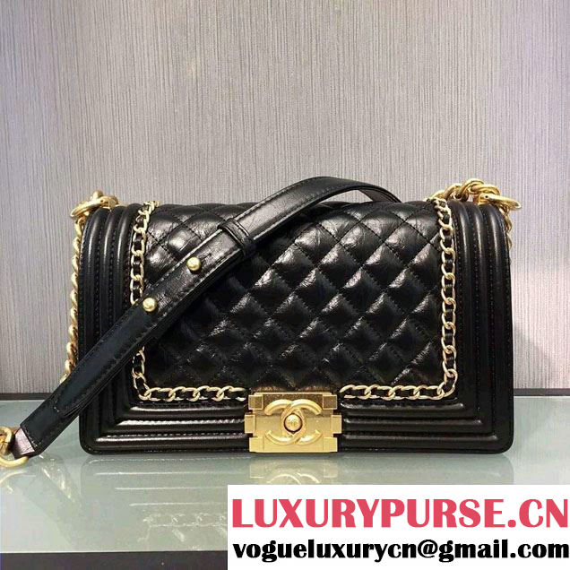 Chanel Aged Calfskin Boy Chain Jacket Flap Medium Bag Black 2016