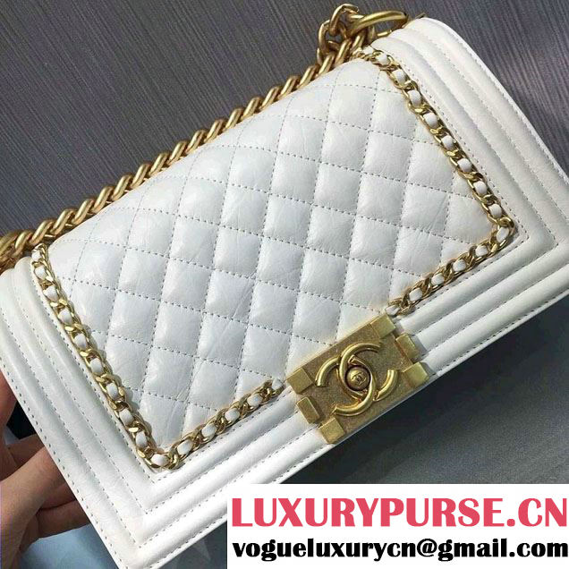 Chanel Aged Calfskin Boy Chain Jacket Flap Medium Bag White 2016