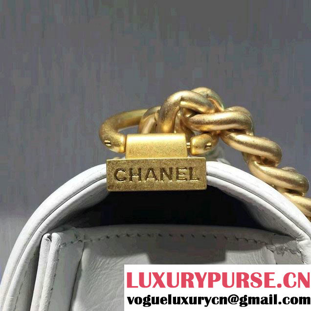 Chanel Aged Calfskin Boy Chain Jacket Flap Medium Bag White 2016
