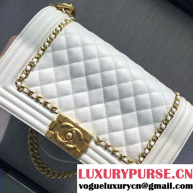 Chanel Aged Calfskin Boy Chain Jacket Flap Medium Bag White 2016