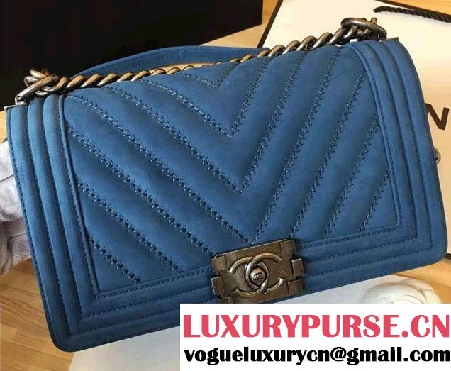 Chanel Suede Chevron Boy Flap Medium Bag Light Blue Fall Winter 2016