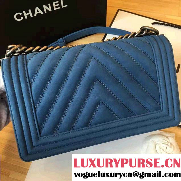 Chanel Suede Chevron Boy Flap Medium Bag Light Blue Fall Winter 2016