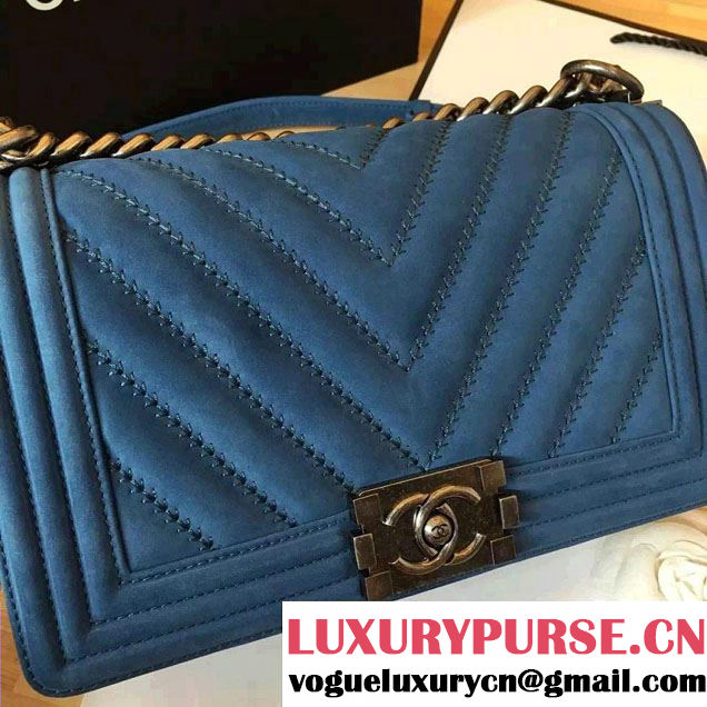 Chanel Suede Chevron Boy Flap Medium Bag Light Blue Fall Winter 2016